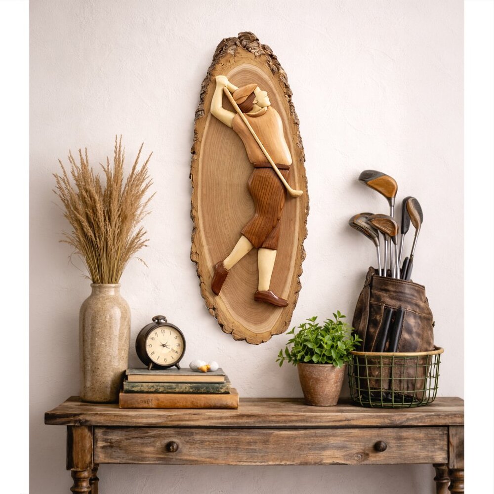 Vintage Intarsia Wood Golfer Wall Art - 22” Long -Mid Century Rustic Cabin Decor